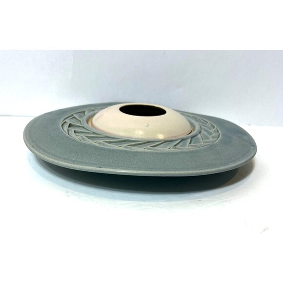 Dunes Studio PEI Ikebana Pottery Vase Braided Detail 12" Dia Blue Ceramic - Picture 2 of 9